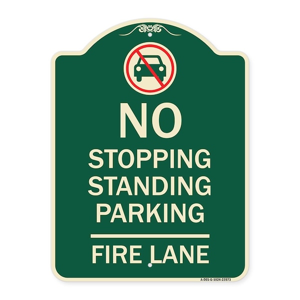 No Stopping Standing Fire Lane W/ Graphic Heavy-Gauge Aluminum Sign, 24" x 18", G-1824-23573